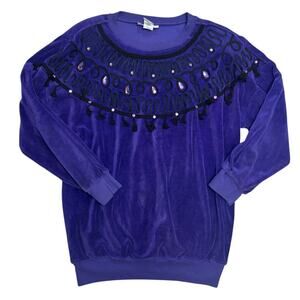 Vintage 80s/90s Rafael Purple Velour Top 💜 Embroidered & Bead Neckline🖤 Size M